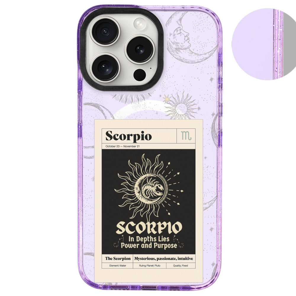 iPhone 16 Pro Max Akrep Burcu Sticker Mode Telefon Kılıfı - Simli Mor