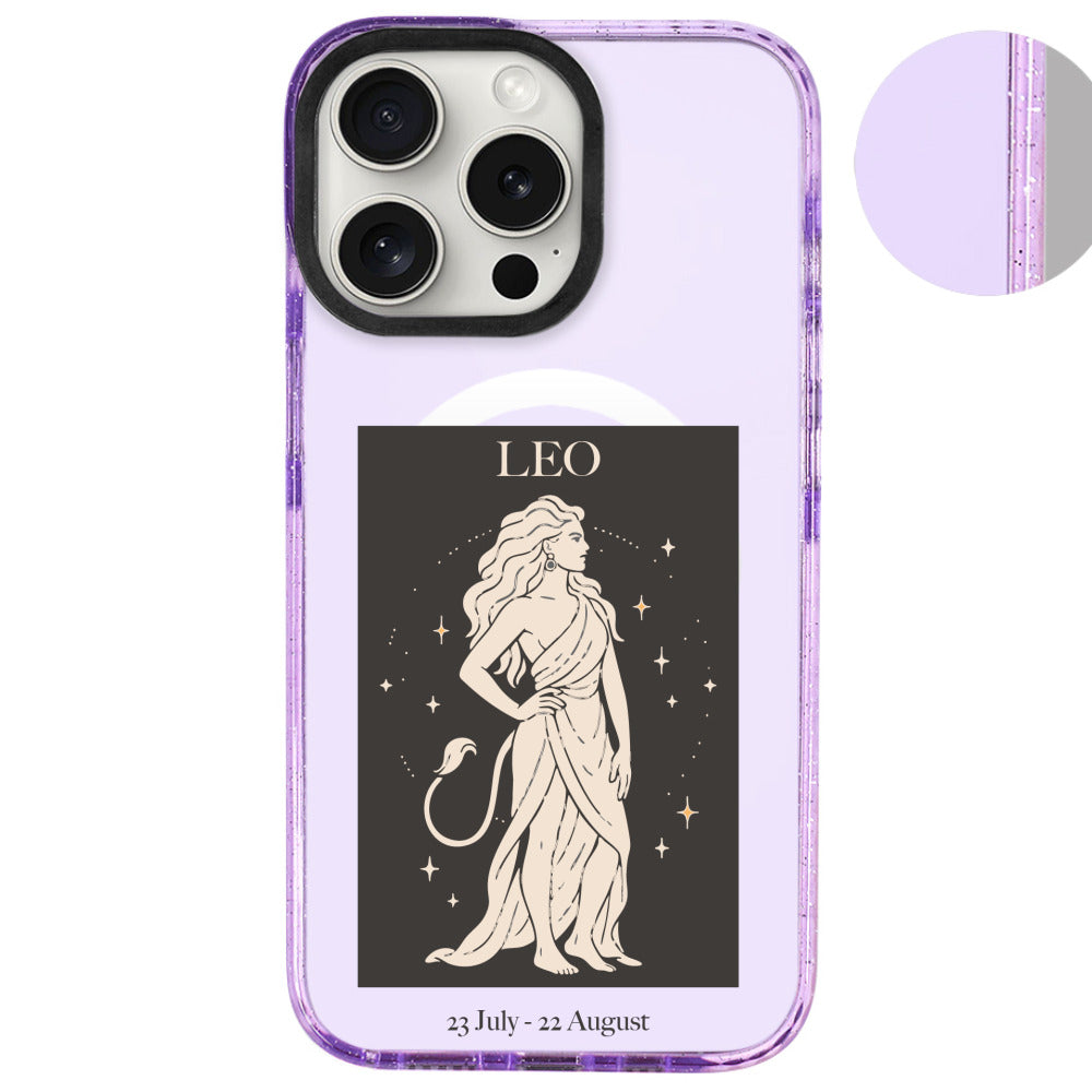 iPhone 16 Pro Max Aslan Burcu History of Zodiac Telefon Kılıfı - Simli Mor