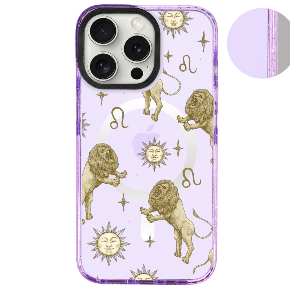 iPhone 16 Pro Max Aslan Burcu Soft Stars Telefon Kılıfı - Simli Mor