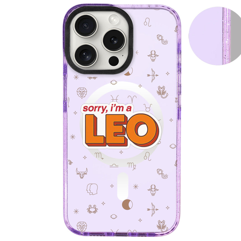 iPhone 16 Pro Max Aslan Burcu Sorry Zodiac Telefon Kılıfı - Simli Mor