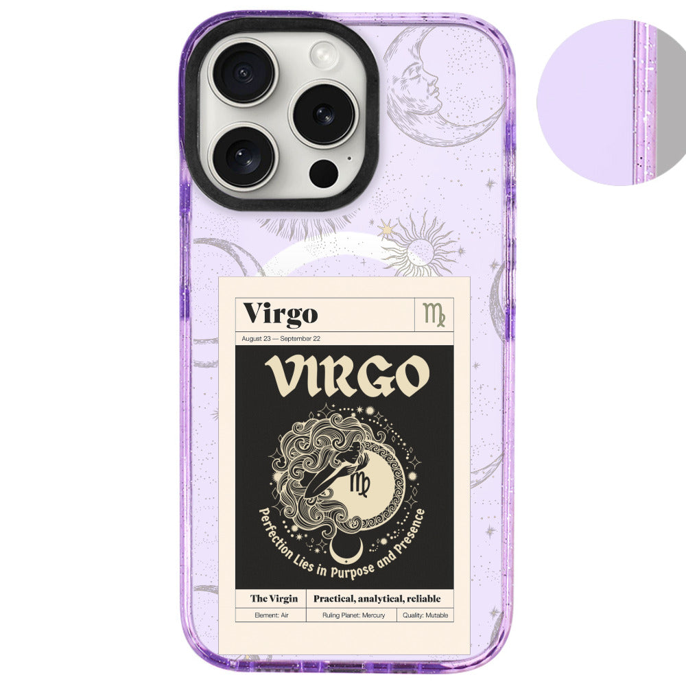 iPhone 16 Pro Max Başak Burcu Sticker Mode Telefon Kılıfı - Simli Mor