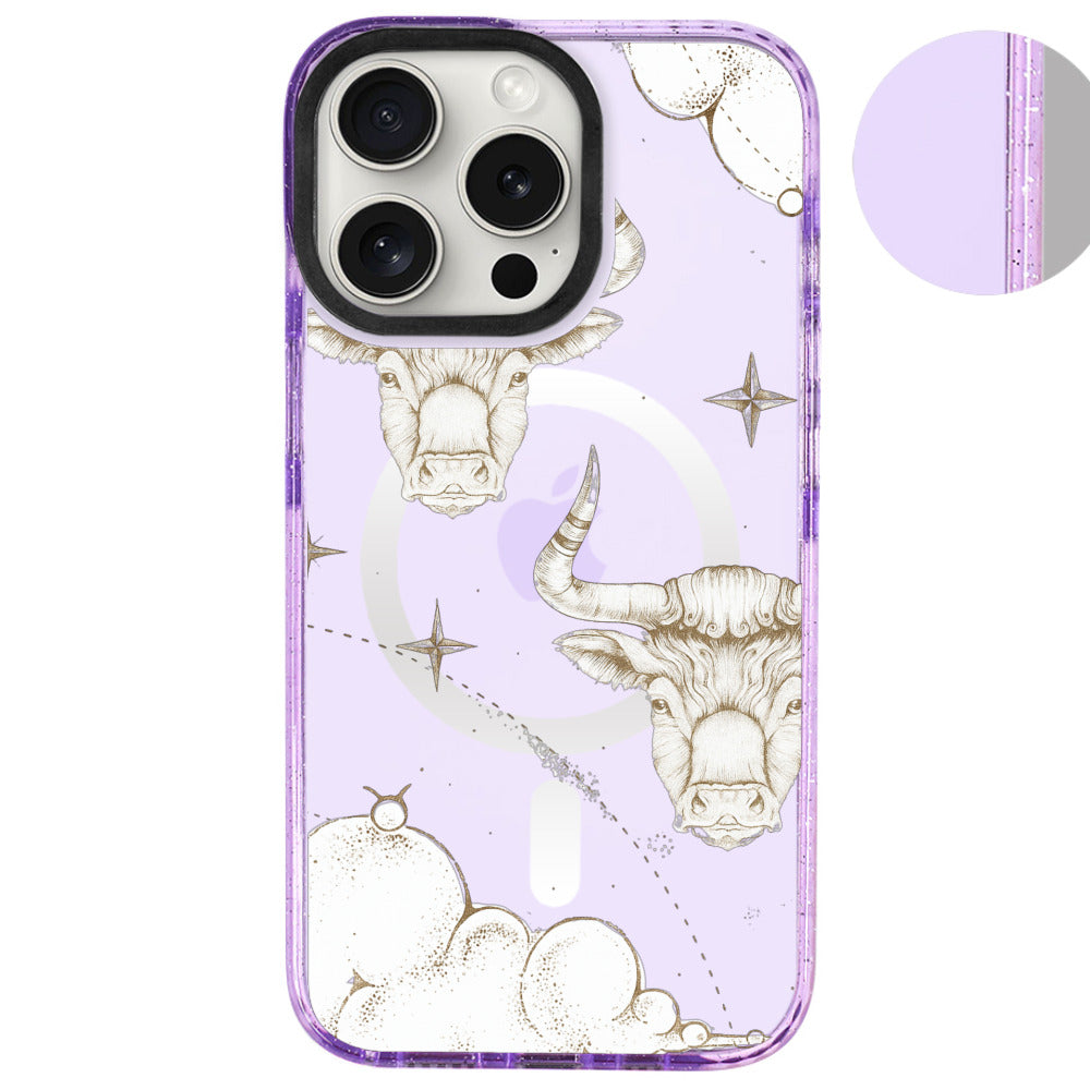 iPhone 16 Pro Max Boğa Burcu Soft Stars Telefon Kılıfı - Simli Mor