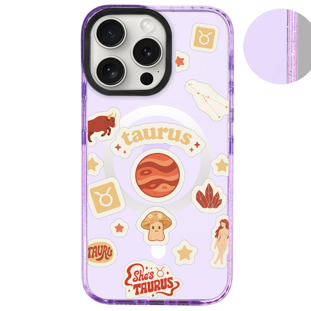 iPhone 16 Pro Max Boğa Burcu Sweet Rules Telefon Kılıfı - Simli Mor