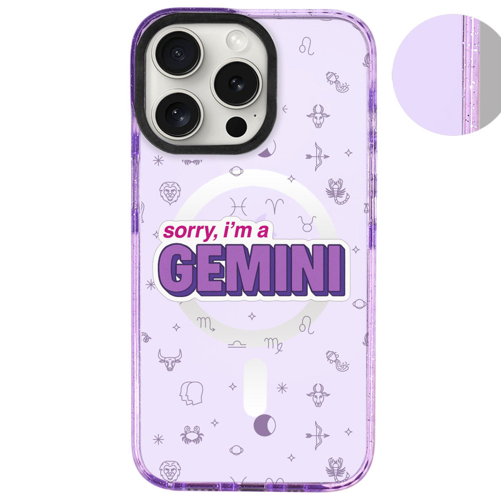 iPhone 16 Pro Max İkizler Burcu Sorry Zodiac Telefon Kılıfı - Simli Mor