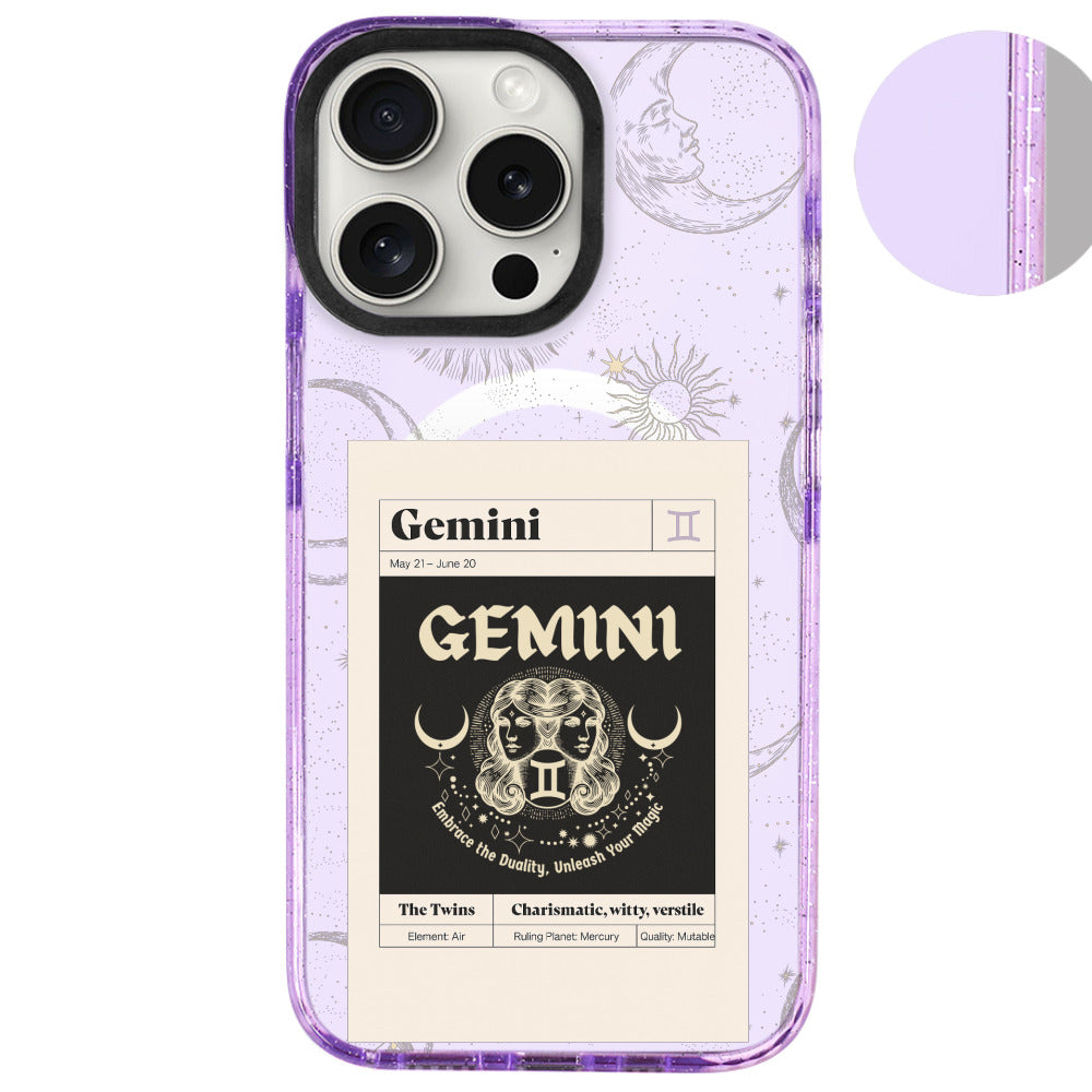 iPhone 16 Pro Max İkizler Burcu Sticker Mode Telefon Kılıfı - Simli Mor