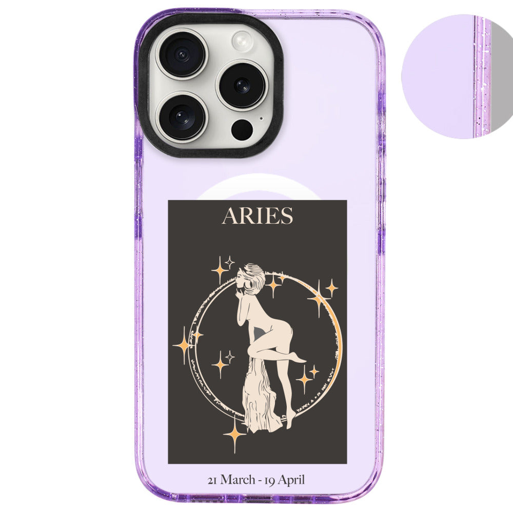 iPhone 16 Pro Max Koç Burcu History of Zodiac Telefon Kılıfı - Simli Mor