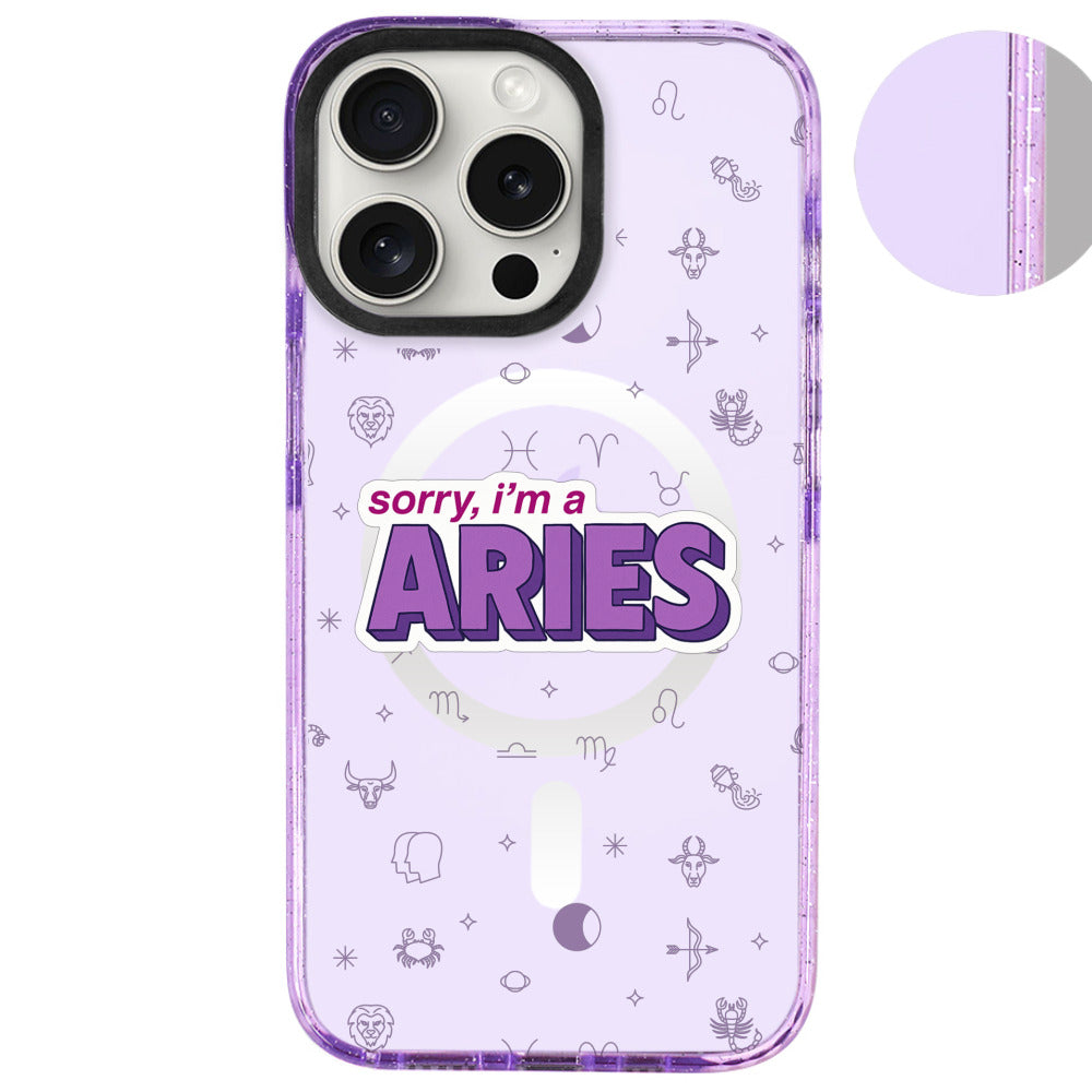 iPhone 16 Pro Max Koç Burcu Sorry Zodiac Telefon Kılıfı - Simli Mor