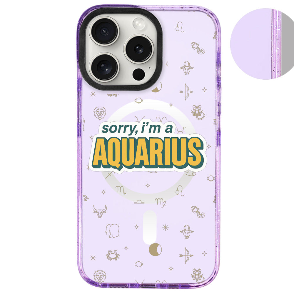 iPhone 16 Pro Max Kova Burcu Sorry Zodiac Telefon Kılıfı - Simli Mor