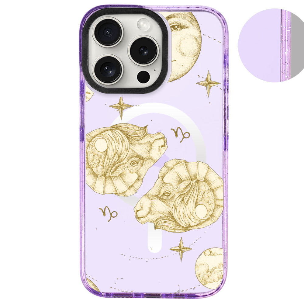 iPhone 16 Pro Max Oğlak Burcu Soft Stars Telefon Kılıfı - Simli Mor