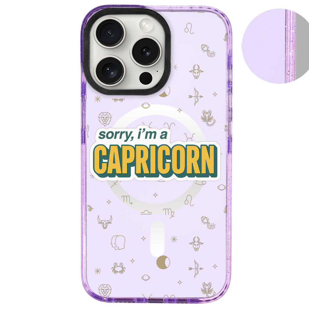 iPhone 16 Pro Max Oğlak Burcu Sorry Zodiac Telefon Kılıfı - Simli Mor