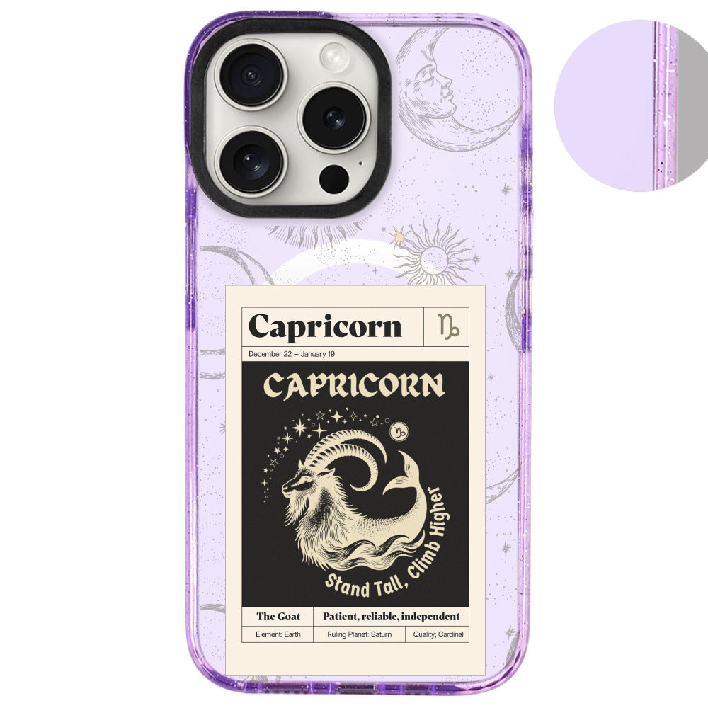 iPhone 16 Pro Max Oğlak Burcu Sticker Mode Telefon Kılıfı - Simli Mor
