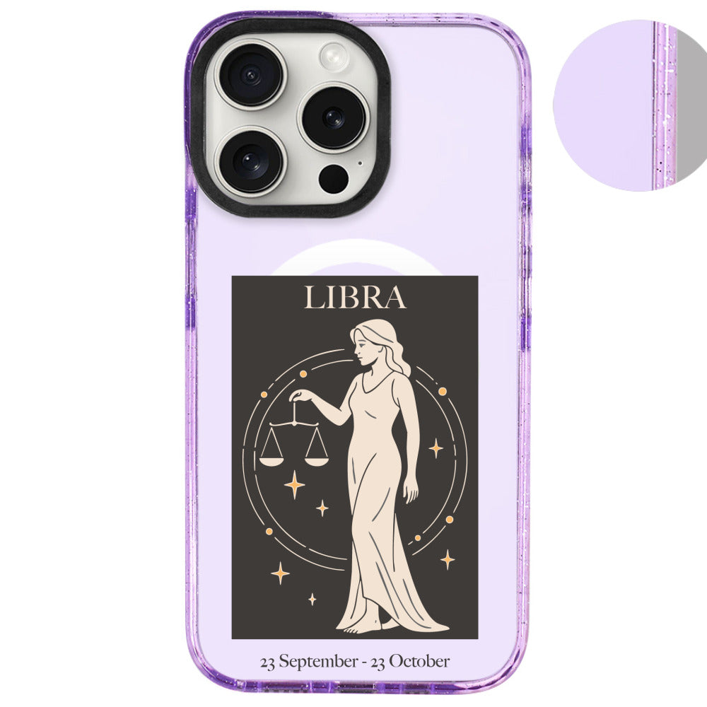 iPhone 16 Pro Max Terazi Burcu History of Zodiac Telefon Kılıfı - Simli Mor