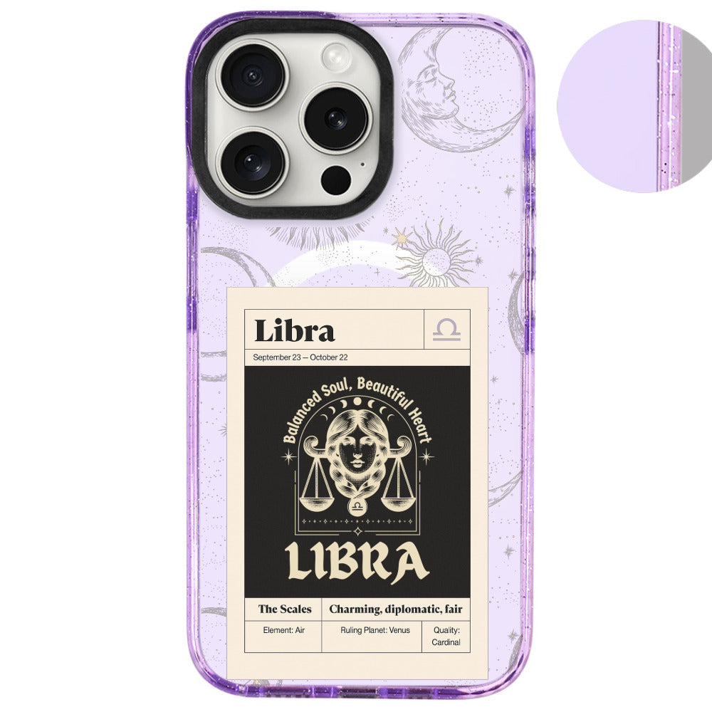 iPhone 16 Pro Max Terazi Burcu Sticker Mode Telefon Kılıfı - Simli Mor