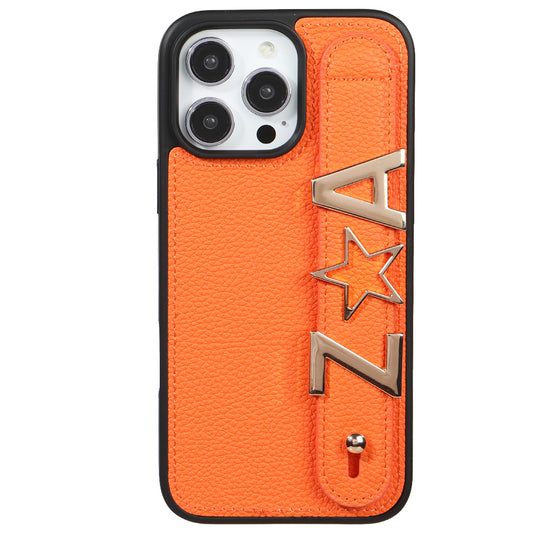iPhone 15 Pro Max Kişiye Özel Harfli Deri Telefon Kılıfı Turuncu