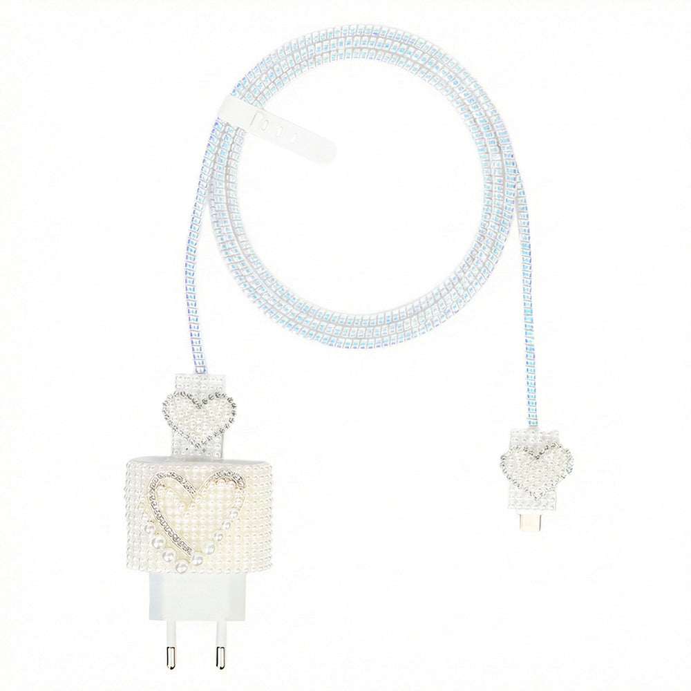 Şarj Başlığı ve Kablo Koruyucu 4 lü Set Beyaz Kalp