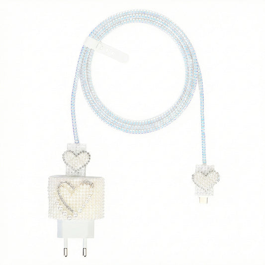 Şarj Başlığı ve Kablo Koruyucu 4 lü Set Beyaz Kalp