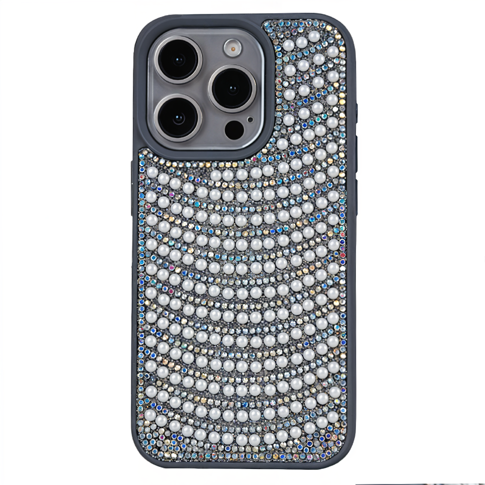 iPhone 15 Pro Max Boncuk İşlemeli Telefon Kılıfı Gri