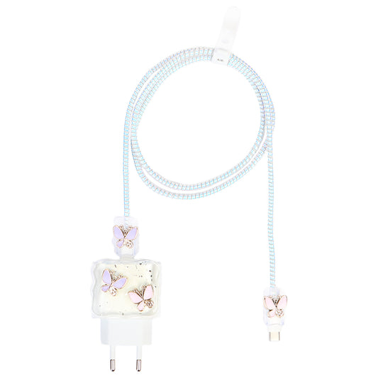 Şarj Başlığı ve Kablo Koruyucu 4 lü Set Mor Pembe Kelebek