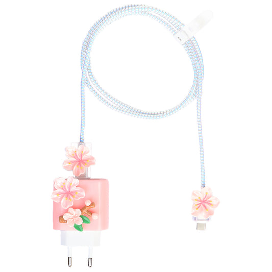 Şarj Başlığı ve Kablo Koruyucu 4 lü Set Pembe Çiçekli