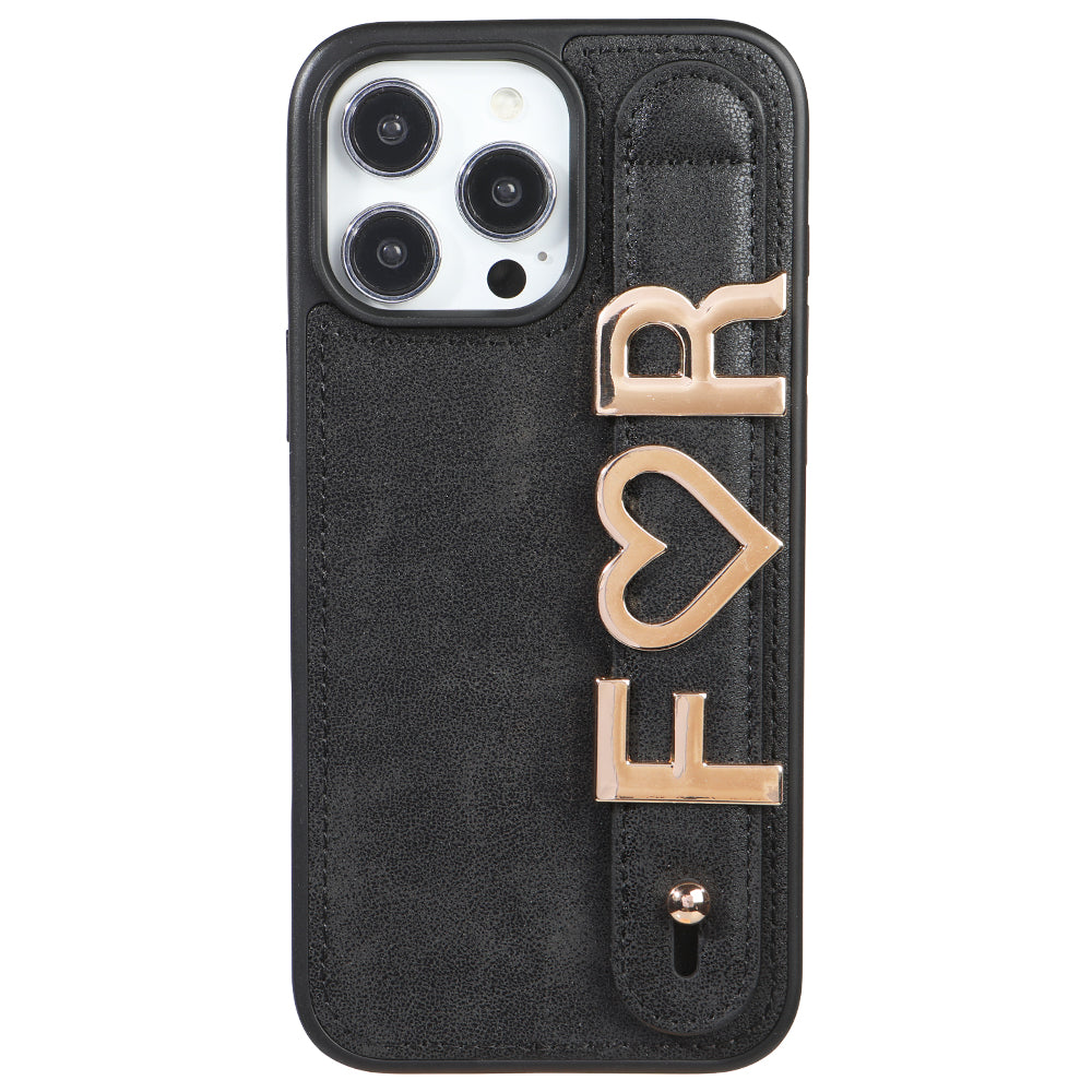 iPhone 15 Pro Max Kişiye Özel Harfli Deri Telefon Kılıfı Siyah