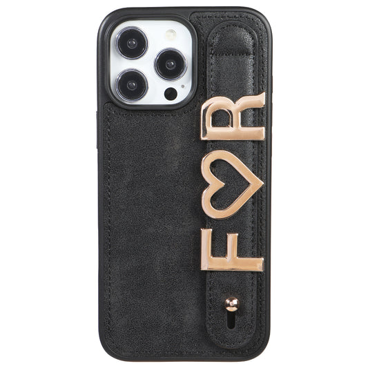 iPhone 15 Pro Max Kişiye Özel Harfli Deri Telefon Kılıfı Siyah