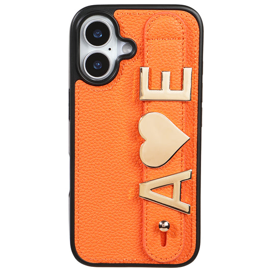 iPhone 16 Kişiye Özel Harfli Deri Telefon Kılıfı Turuncu