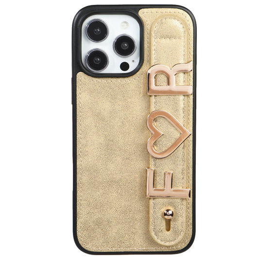 iPhone 15 Pro Max Kişiye Özel Harfli Deri Telefon Kılıfı Gold