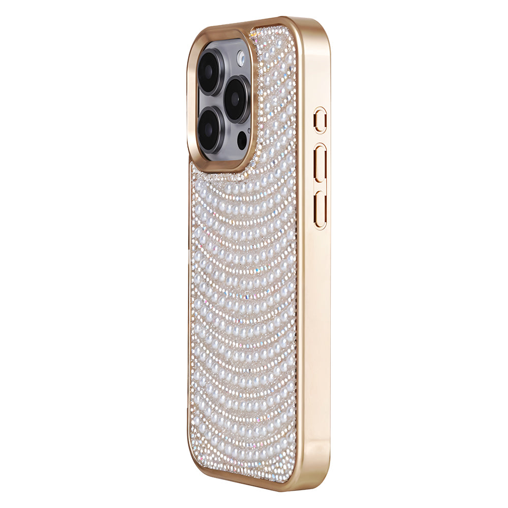 iPhone 15 Pro Max Boncuk İşlemeli Telefon Kılıfı Gold