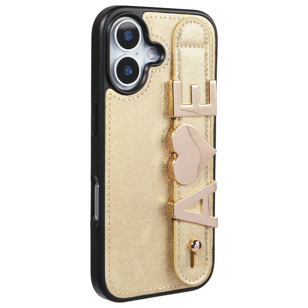 iPhone 16 Kişiye Özel Harfli Deri Telefon Kılıfı Gold