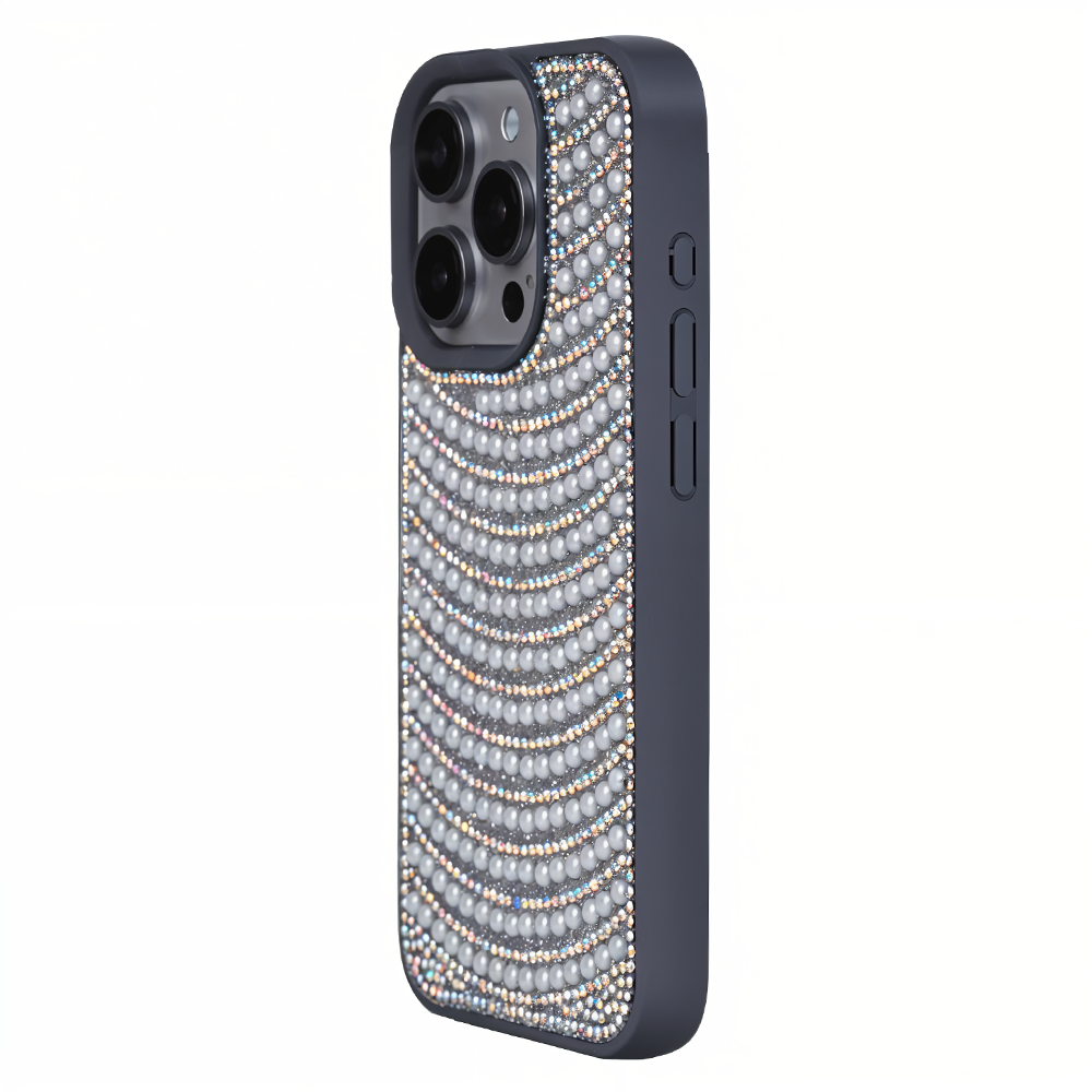iPhone 15 Pro Max Boncuk İşlemeli Telefon Kılıfı Gri