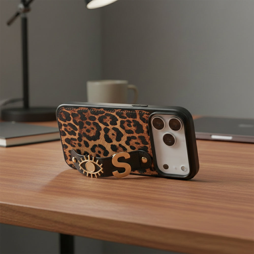 iPhone 15 Pro Max Kişiye Özel Harfli Deri Telefon Kılıfı Leopar