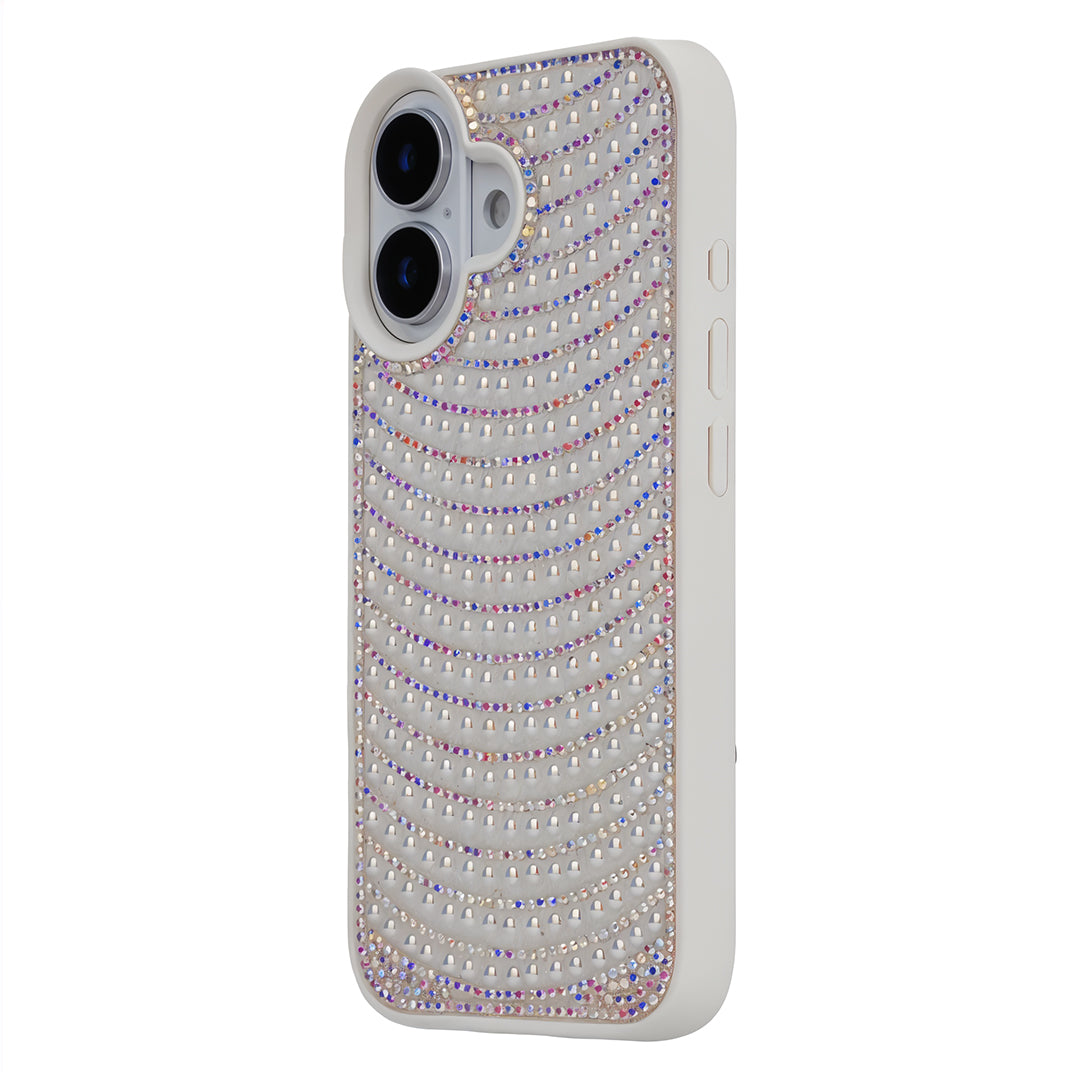 iPhone 16 Boncuk İşlemeli Telefon Kılıfı Beyaz