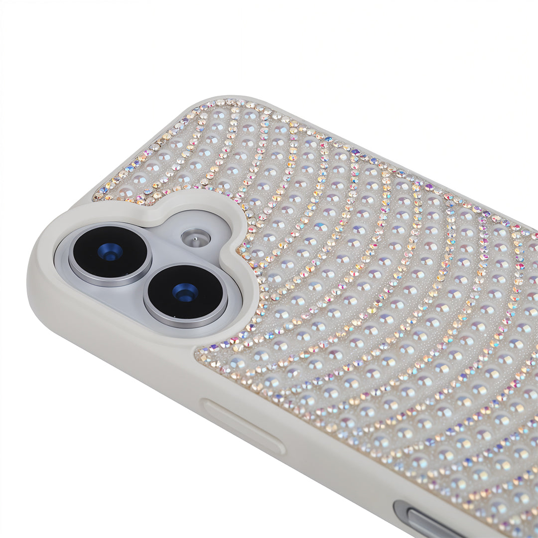 iPhone 16 Boncuk İşlemeli Telefon Kılıfı Beyaz