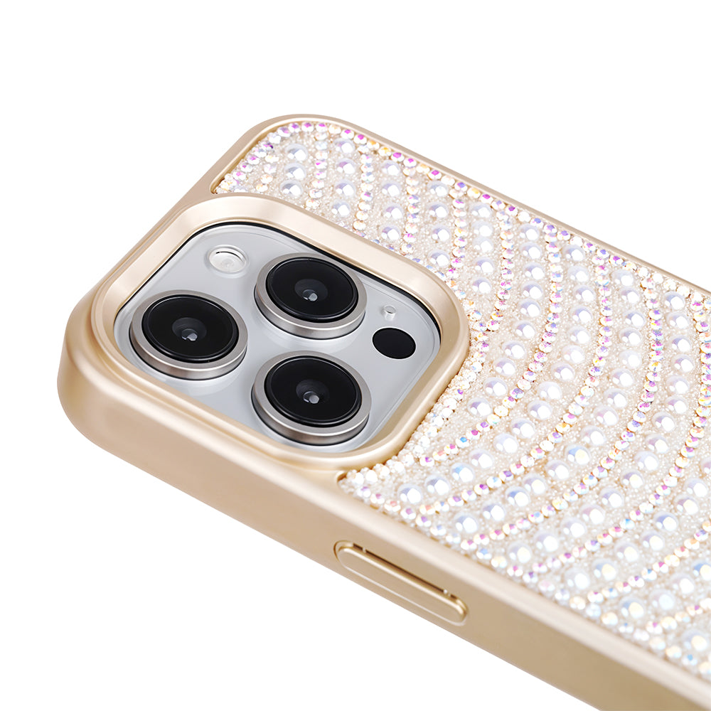iPhone 15 Pro Max Boncuk İşlemeli Telefon Kılıfı Gold