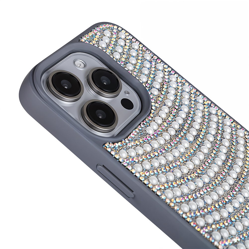 iPhone 15 Pro Max Boncuk İşlemeli Telefon Kılıfı Gri