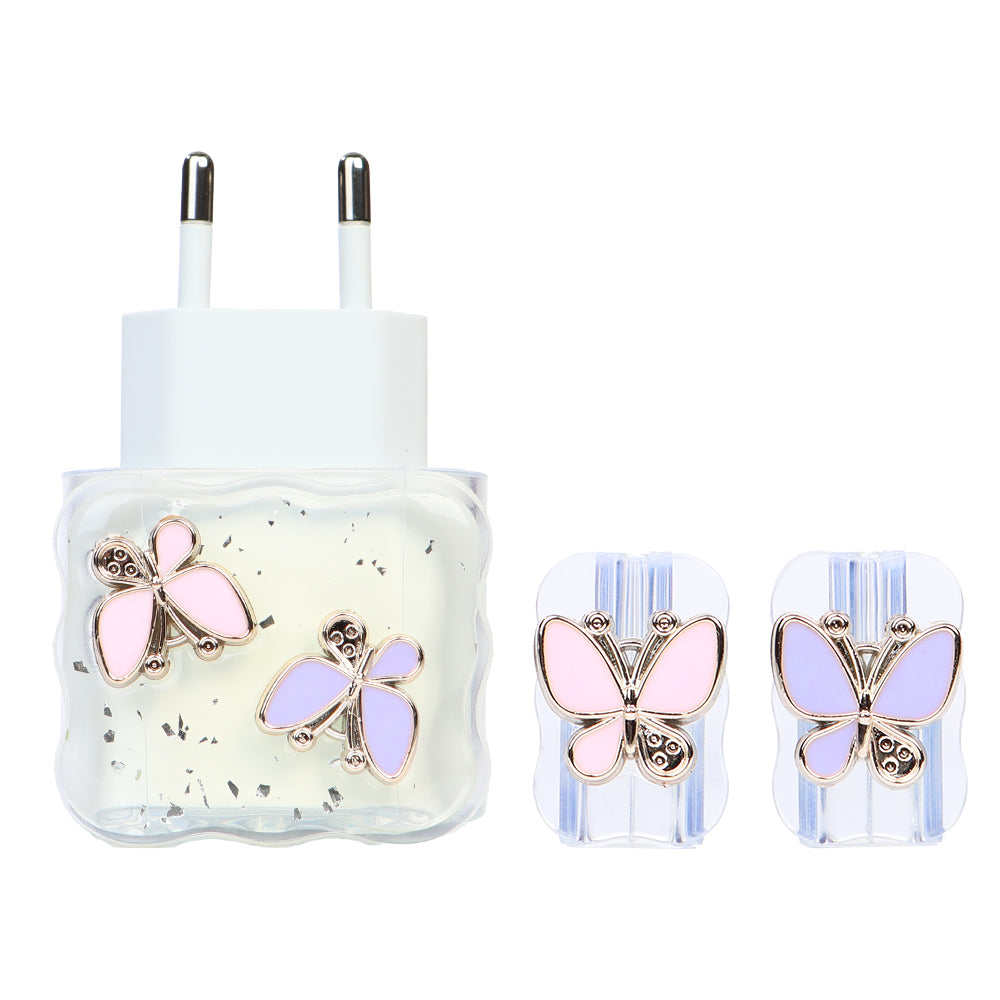 Şarj Başlığı ve Kablo Koruyucu 4 lü Set Mor Pembe Kelebek