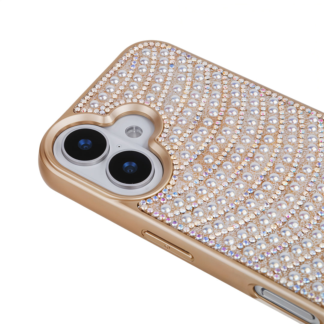 iPhone 16 Boncuk İşlemeli Telefon Kılıfı Gold