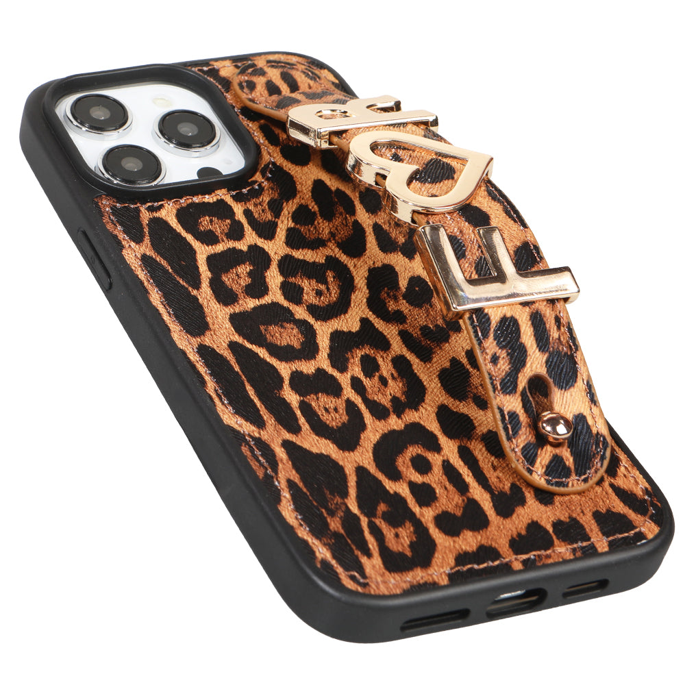 iPhone 15 Pro Max Kişiye Özel Harfli Deri Telefon Kılıfı Leopar