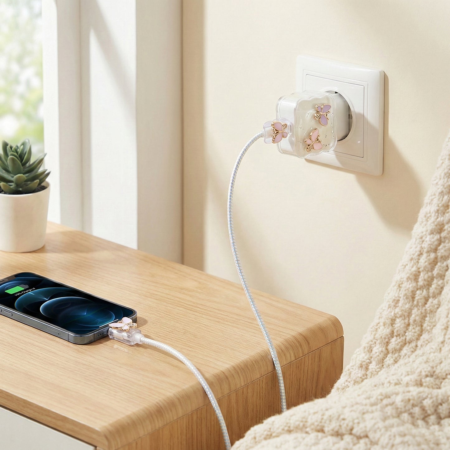 Şarj Başlığı ve Kablo Koruyucu 4 lü Set Mor Pembe Kelebek