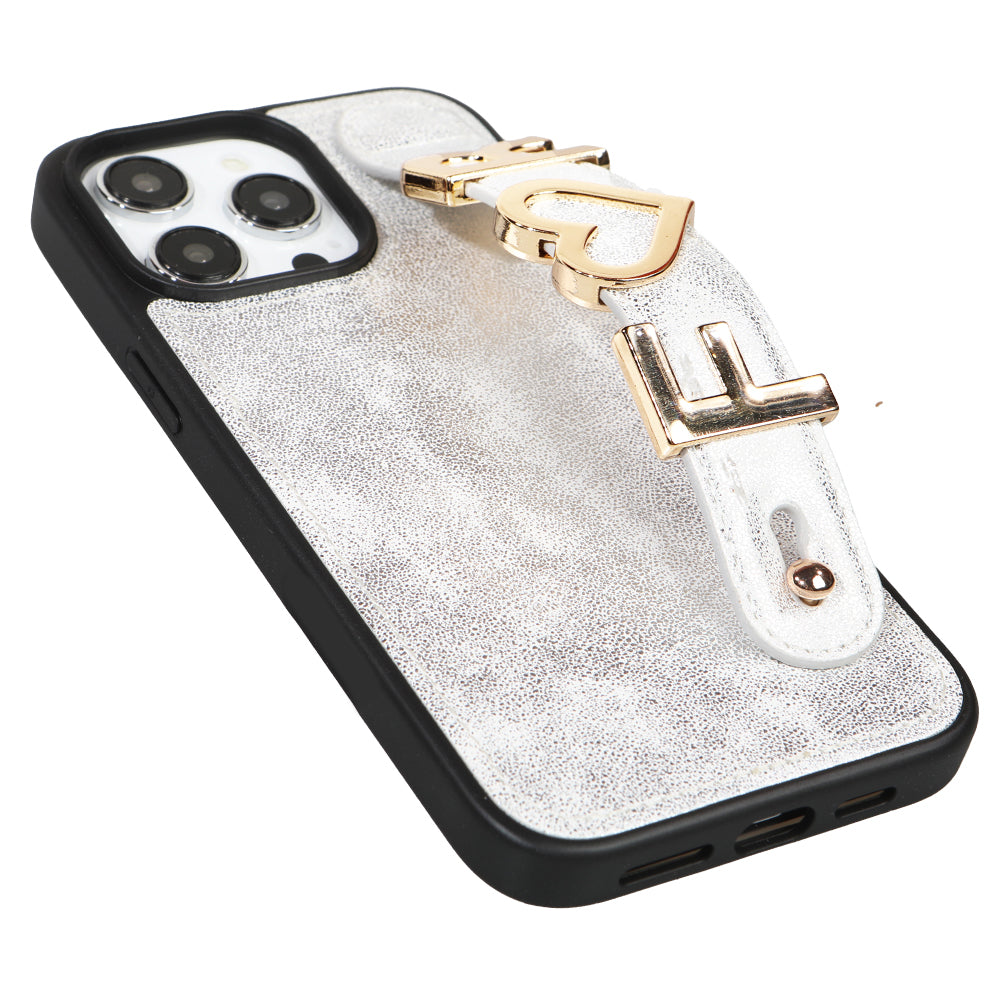 iPhone 15 Pro Max Kişiye Özel Harfli Deri Telefon Kılıfı Beyaz