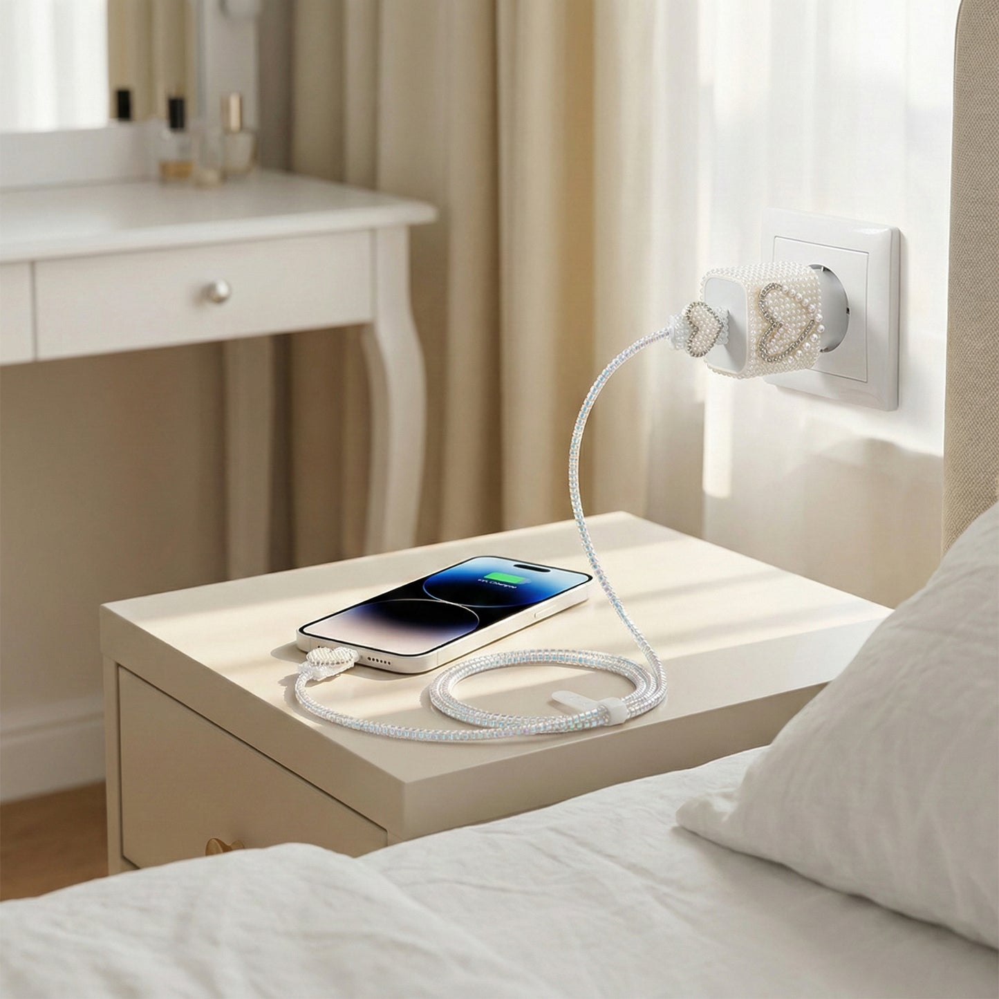 Şarj Başlığı ve Kablo Koruyucu 4 lü Set Beyaz Kalp