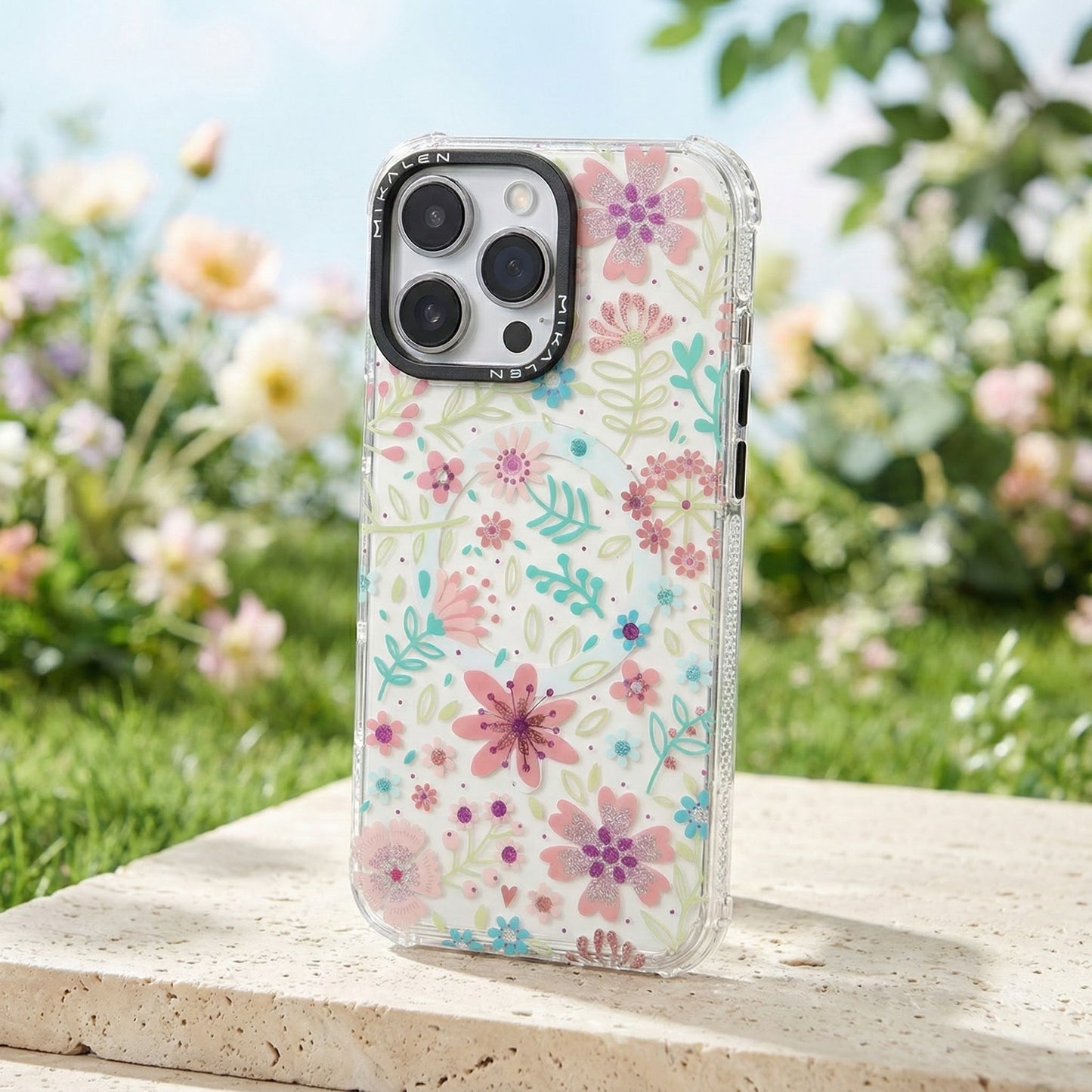 Apple iPhone 15 Pro Max Mikalen Magsafe Çiçekli Telefon Kılıfı