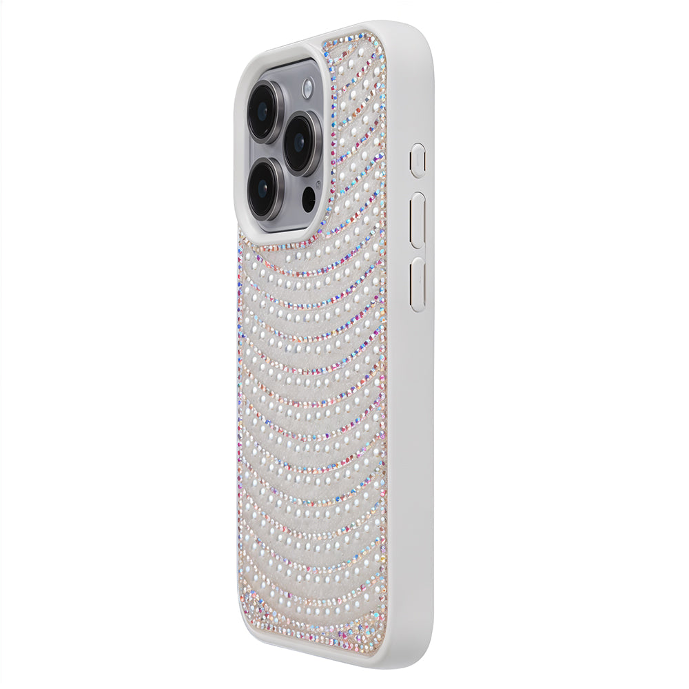 iPhone 15 Pro Max Boncuk İşlemeli Telefon Kılıfı Beyaz