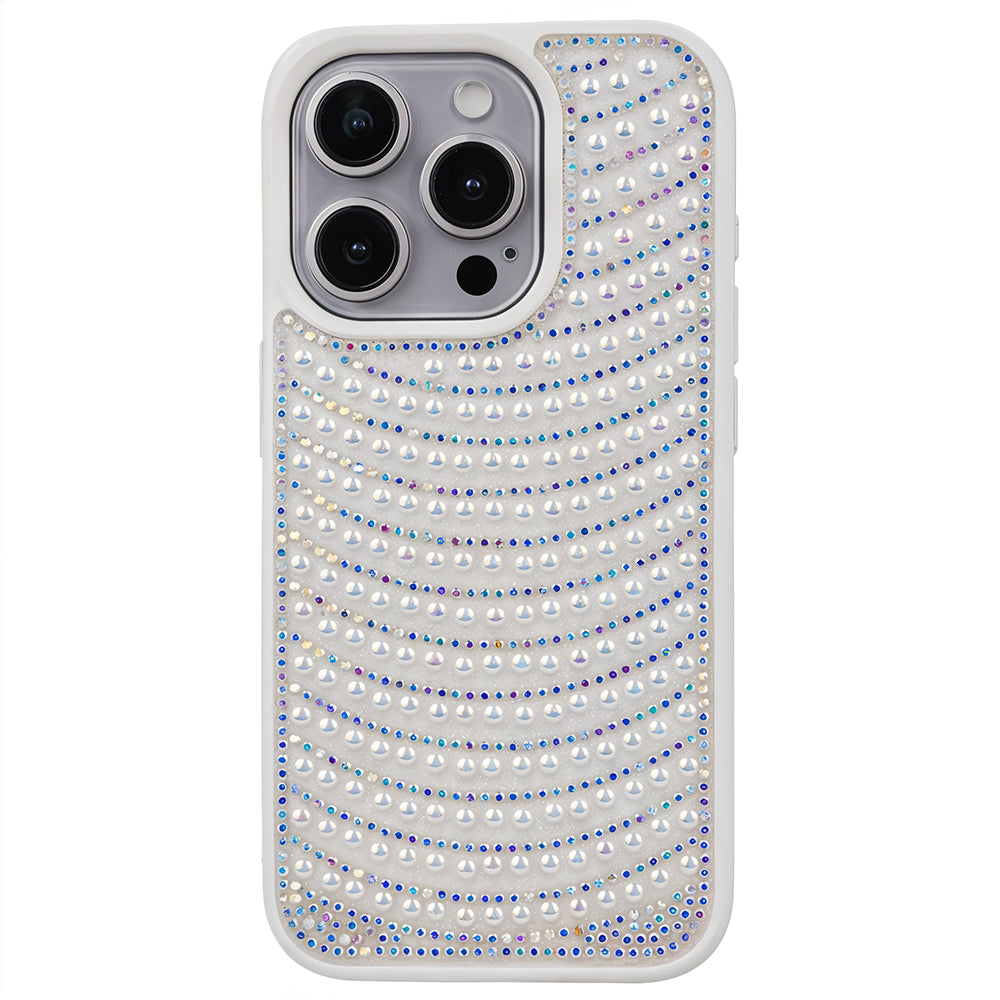 iPhone 15 Pro Max Boncuk İşlemeli Telefon Kılıfı Beyaz