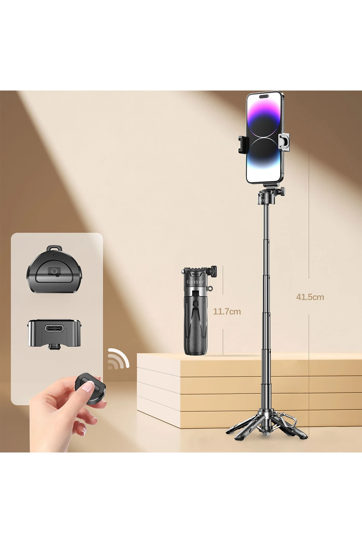 Earldom 360 Derece Ayarlanabilir Açılı BT Tripodlu Selfie Çubuğu - Siyah