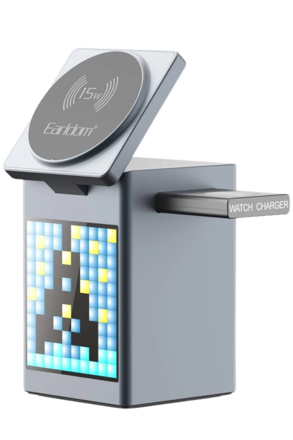 Earldom 5in1 Dijital Saat Göstergeli 15W Telefon 2.5W Saat ve 5W Airpods İçin Kablosuz Şarj Standı - Gri