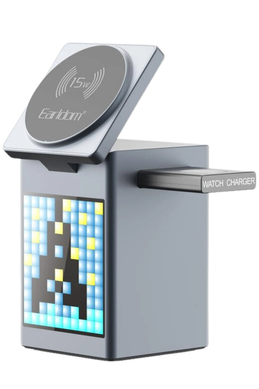 Earldom 5in1 Dijital Saat Göstergeli 15W Telefon 2.5W Saat ve 5W Airpods İçin Kablosuz Şarj Standı - Gri
