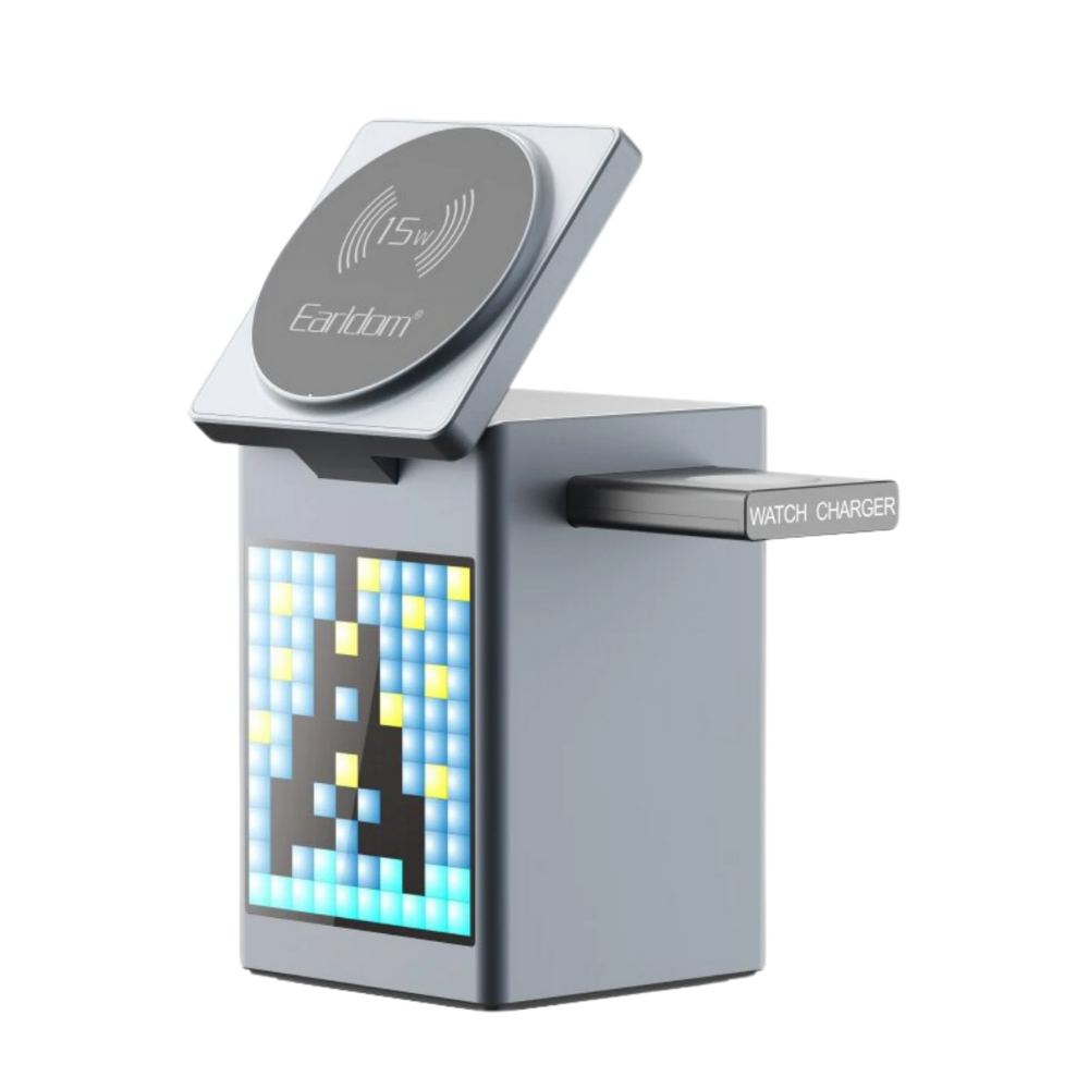 Earldom 5in1 Dijital Saat Göstergeli 15W Telefon 2.5W Saat ve 5W Airpods İçin Kablosuz Şarj Standı - Gri