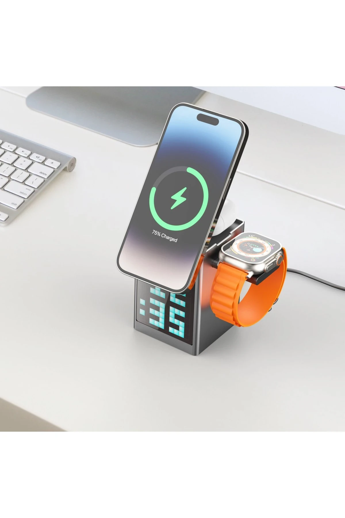 Earldom 5in1 Dijital Saat Göstergeli 15W Telefon 2.5W Saat ve 5W Airpods İçin Kablosuz Şarj Standı - Gri