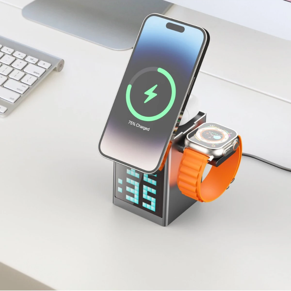 Earldom 5in1 Dijital Saat Göstergeli 15W Telefon 2.5W Saat ve 5W Airpods İçin Kablosuz Şarj Standı - Gri